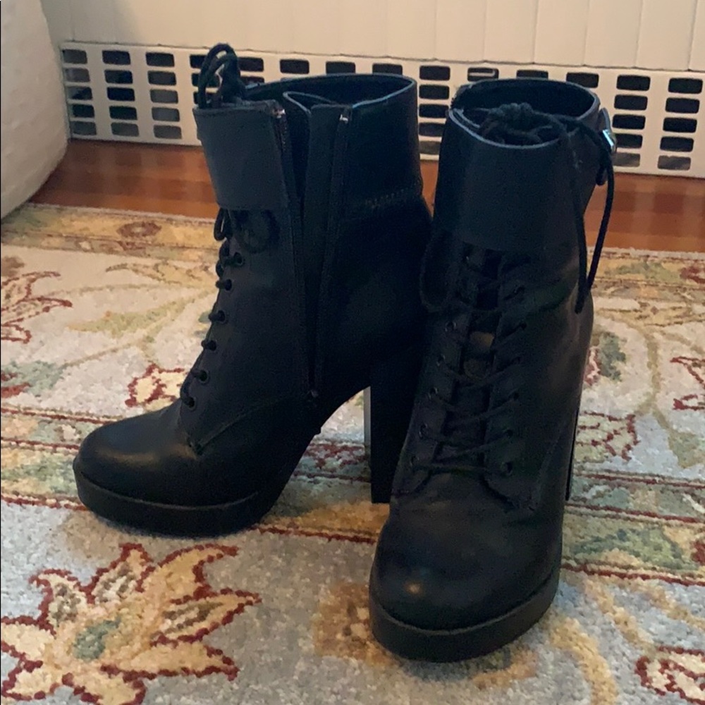High heel faux leather boots by forever 21
